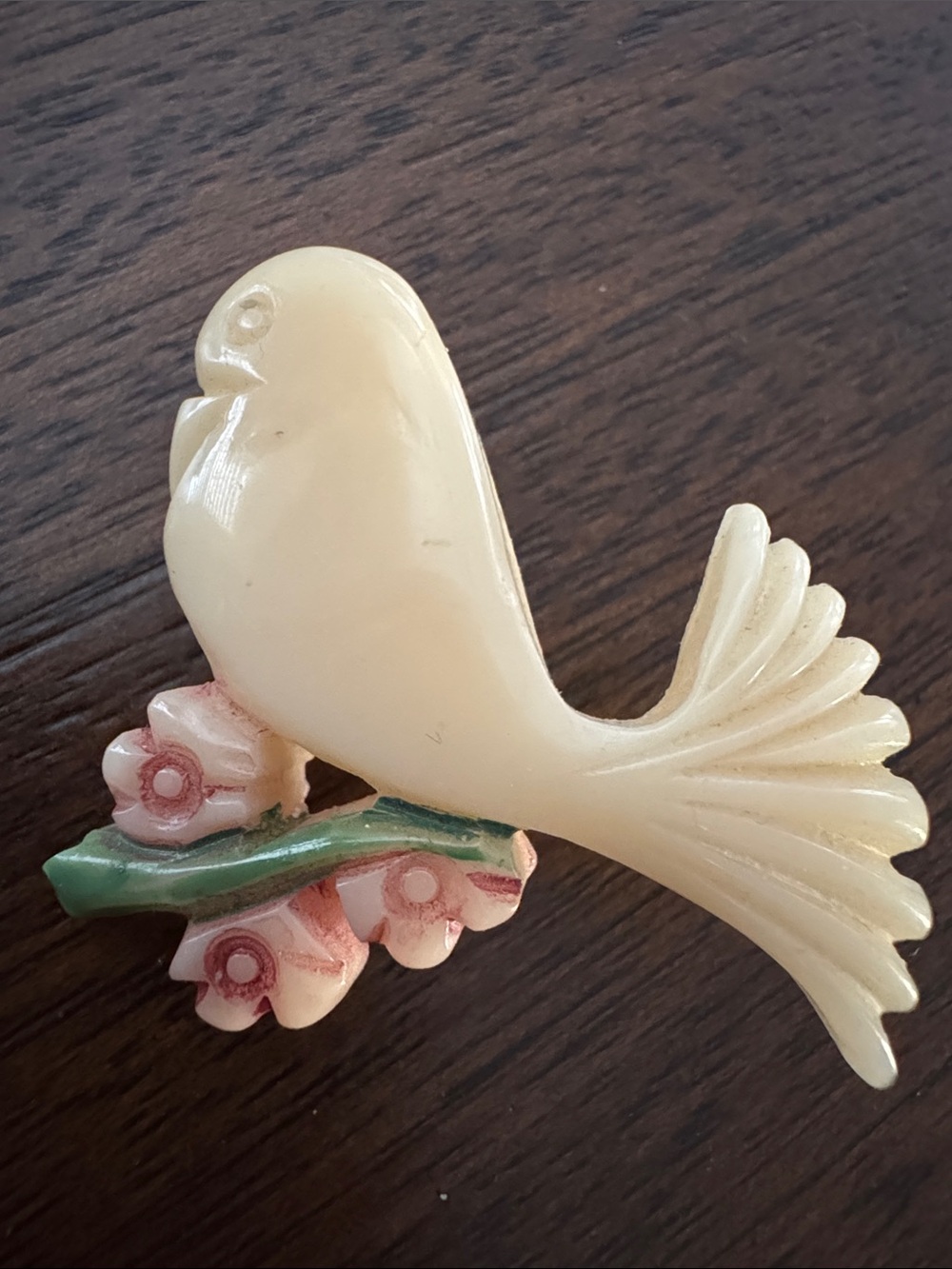 Vintage Ivory Bird with Pink Flowers Brooch